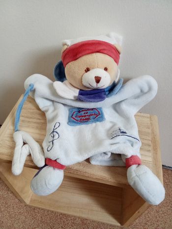 Doudou marionnette tête ours, chien , blanc, rouge, bleu , bonnet, broderie, enfant, bébé, mixte, doudou et compagnie, note de musique, vintage