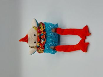 Peluche doudou poule coq CATIMINI écru orange bleu pois blanc 16 cm assis TBE