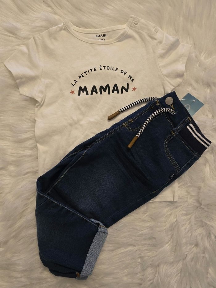 Neufs (non portés)💙🤩😍 superbe ensemble teeshirt mc et jeans confort 23 /24mois Garçon 🤎💙 - photo numéro 2