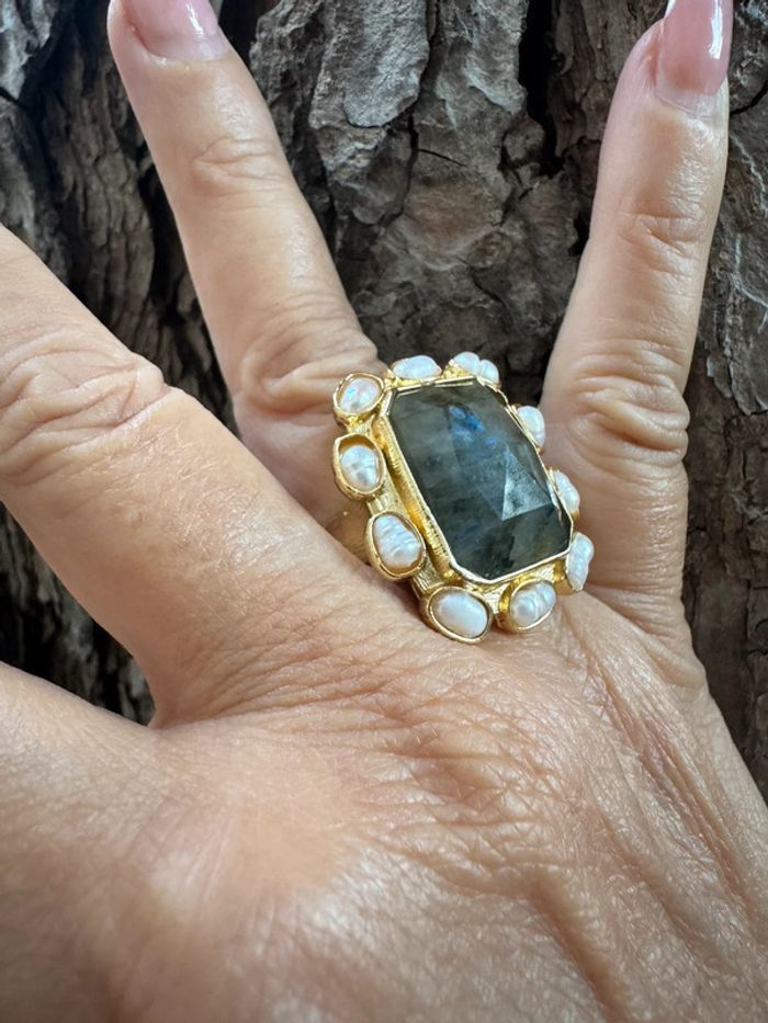 Grosse bague habaha Paris labradorite perles d’eaux douces acier inoxydable or - photo numéro 2