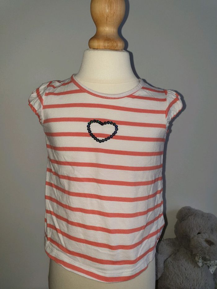 T-shirt marinière blanc et corail TAO 18 mois - photo numéro 3