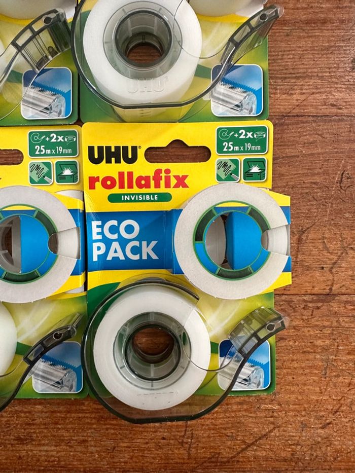 Lot de 6 dévidoirs 12 rouleaux de scotch ruban adhésif UHU rollafix invisible 25m - photo numéro 2