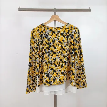 Blouse jaune fleurie débardeur superposé – manches longues, dos ouvert, M A1070