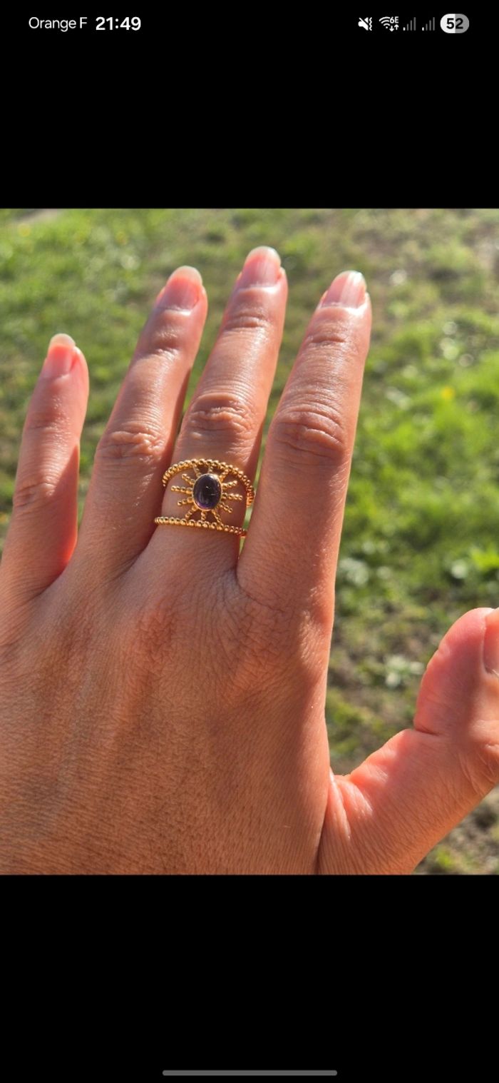Bague soleil en laiton et cuivre dorée avec améthyste - photo numéro 4