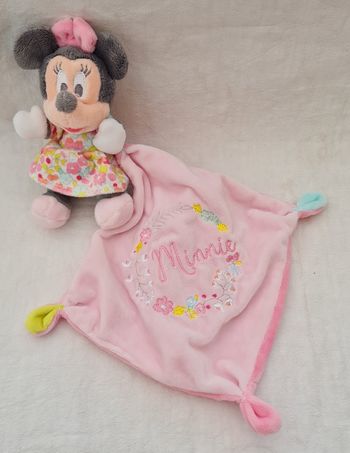 Doudou peluche Minnie robe fleuri - Mouchoir rose- Disney