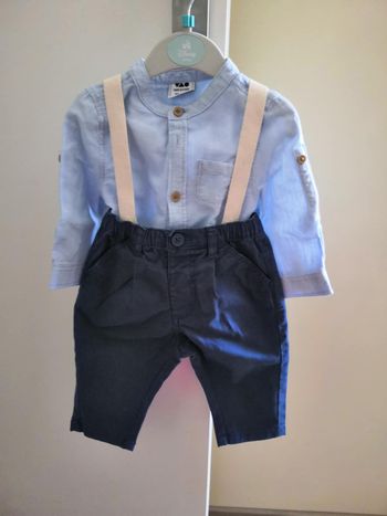 Ensemble 2 pièces (chemise avec col tunisien et poche + pantalon à bretelles, Bleu) 9 mois (71 cm) T