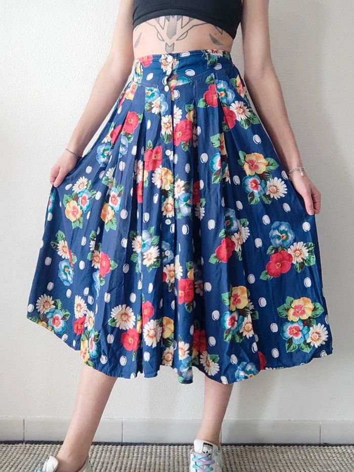 Jupe longue évasée bleu fleur multicolore vintage 70-80 / René Derhy - 34/XS à 36/S - photo numéro 4