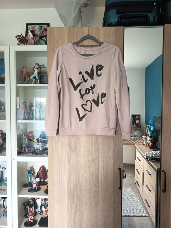 Pull sweat rose pale écriture noir "Live for Love" mim - Taille S 36