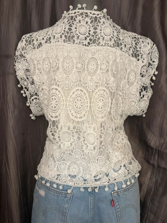 Blouse bohème blanche dentelle/crochet et pompons 36/38 - photo numéro 3