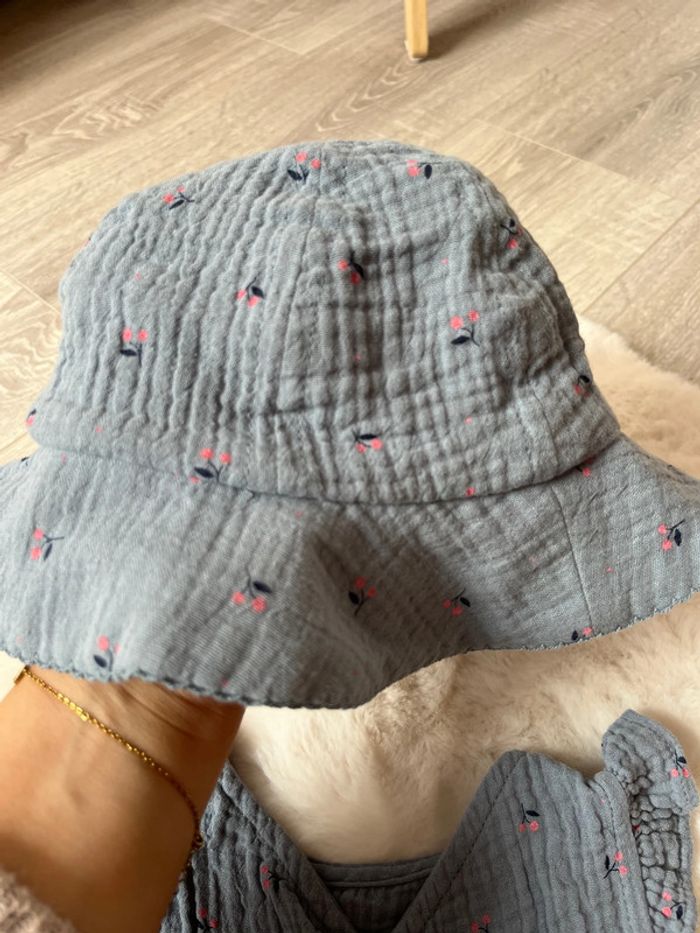Ensemble chapeau robe gaz coton 9-12 mois bébé fille - photo numéro 3