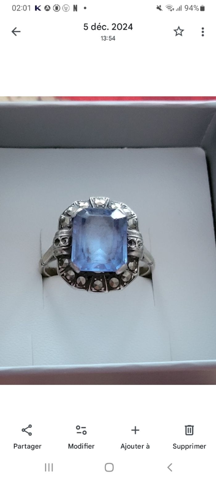 Bague de fiançailles ancienne en argent avec pierre bleu taille 57 - photo numéro 2