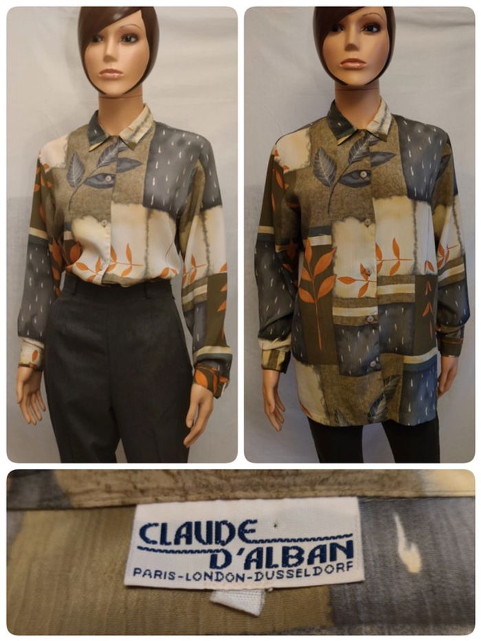 Chemisier fluide Vintage motifs "Automnale" 90s 🍂 à manches longues T. 42 Claude d'Alban _ PLD