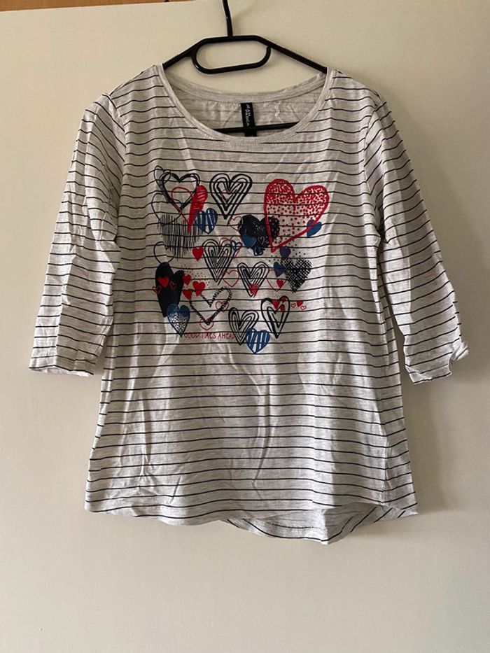 T-shirt manches 3/4 rayé cœurs Jean Pascale Taille XS