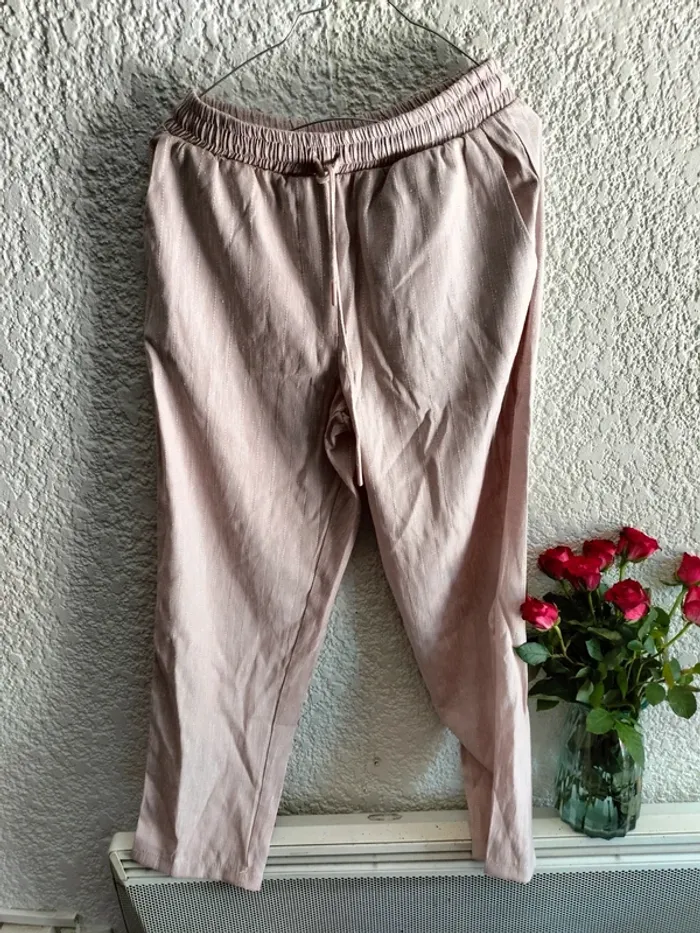 Pantalon beige rose tissé à élastique taille s - photo numéro 4