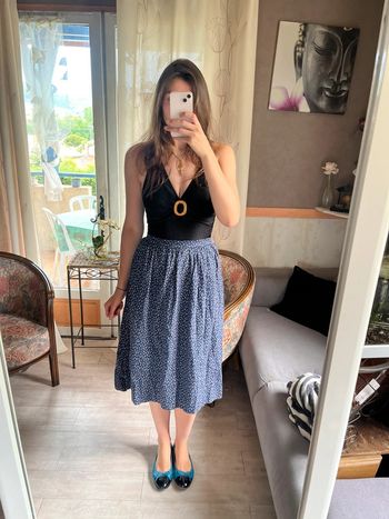 Jupe mi-longue fleurie bleue vintage bohème champêtre