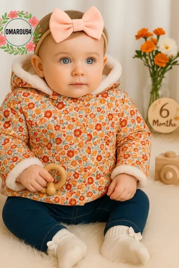 Manteau réversible fourrure et fleurie et bandeau cheveux sergent major fille 6 mois 🎀