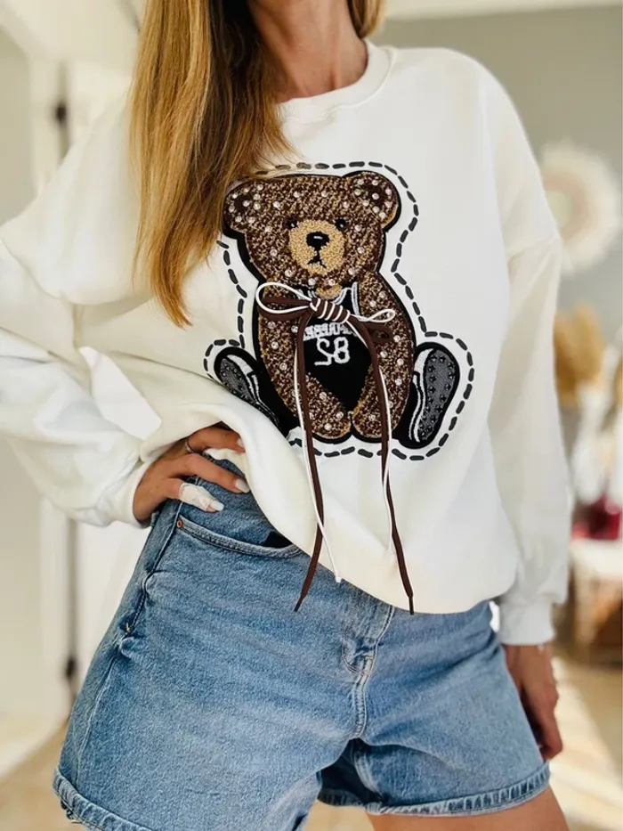 Sweat blanc tendance motif ourson strass taille unique