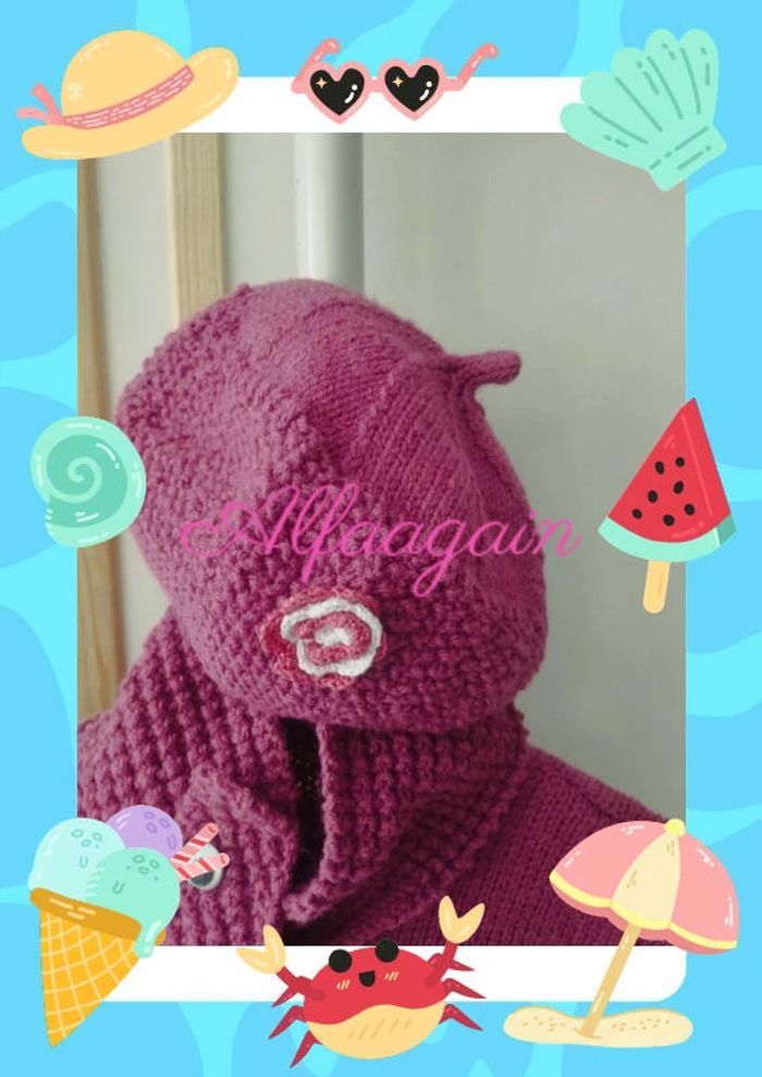 Gilet bonnet écharpe rose framboise tricot 3/4ans - photo numéro 9