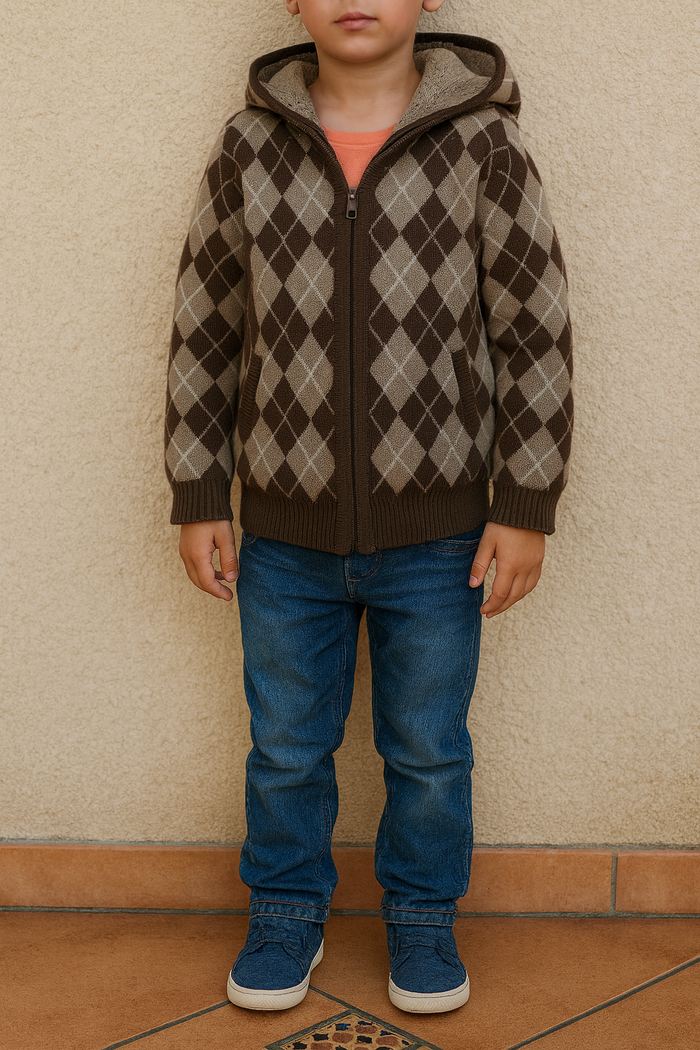 Gilet garçon à capuche motif losanges – doublure chaude – 6 ans