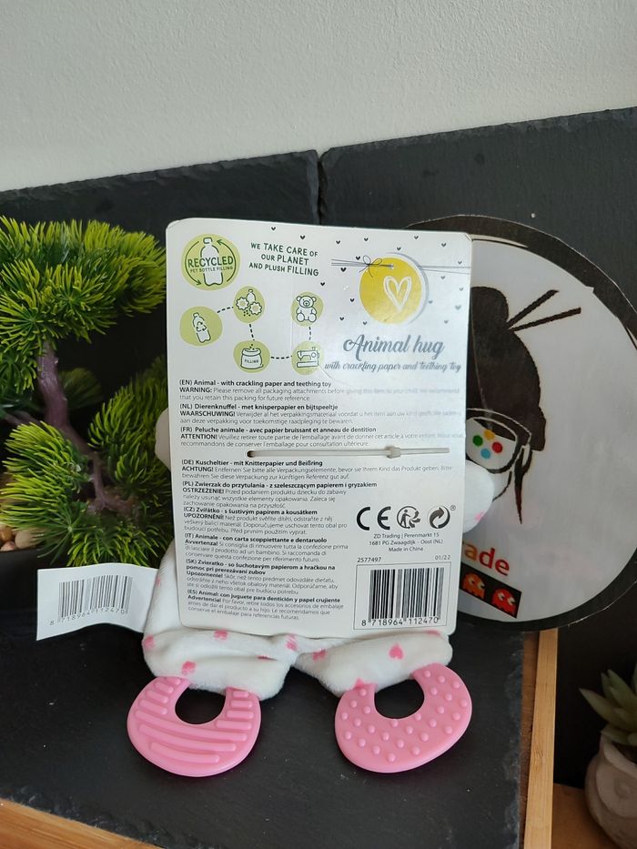doudou plat licorne action zd trading rose blanc coeur dentition bruissant D3217 - photo numéro 2