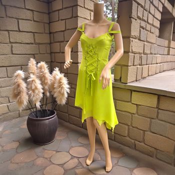 ROBE VOILE FEMME STYLE CORSET VERT ANIS ASYMÉTRIQUE DÉTAIL LACAGES S / 36