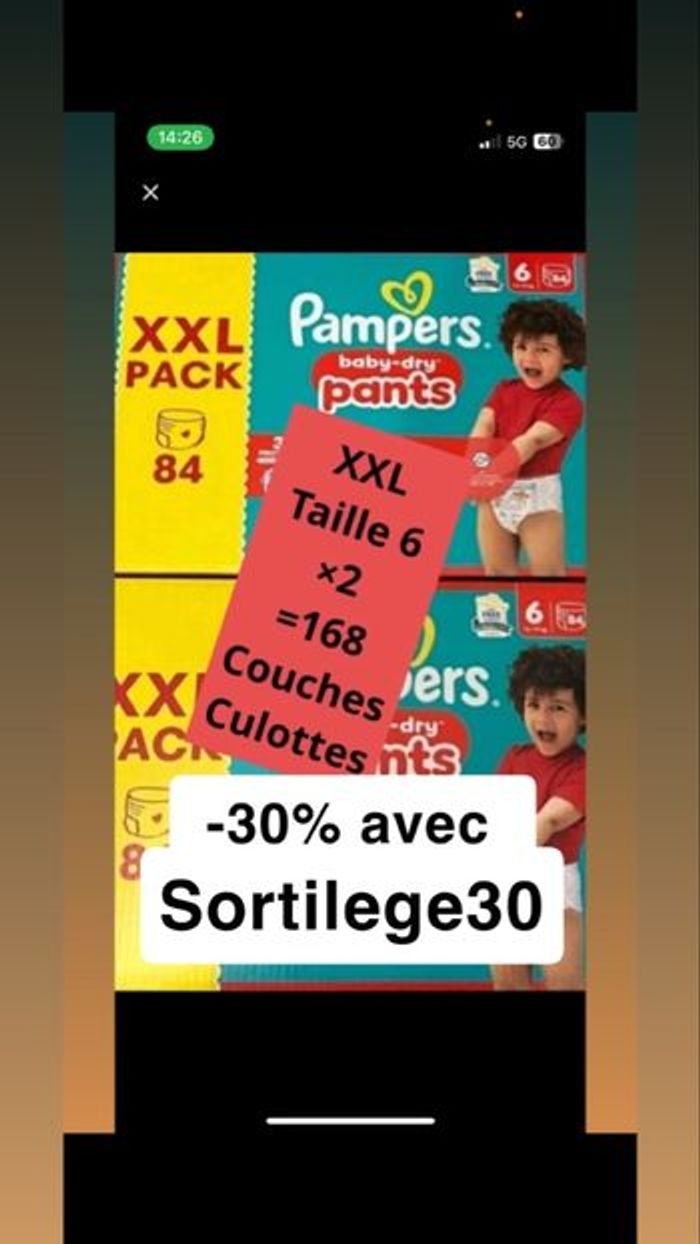 Deux cartons de couches culottes taille 6