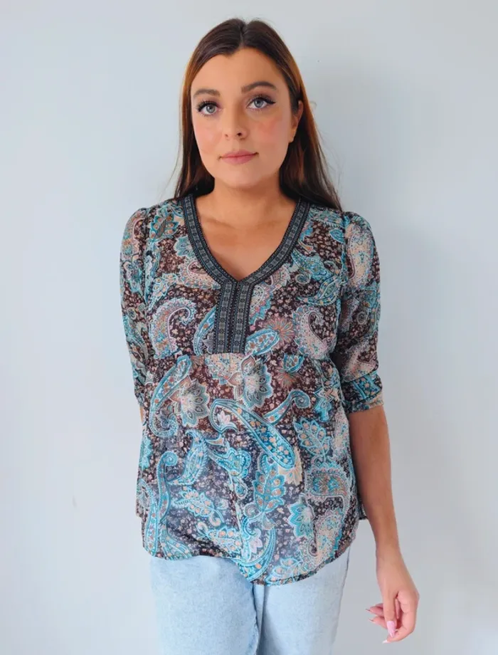 Blouse légère transparente bohème hippie imprimé cachemire bleu Cache-cache Taille 38 - photo numéro 4
