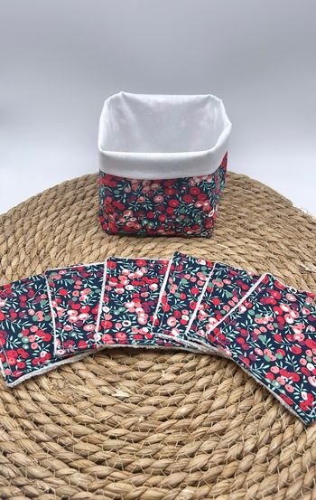 Panier + 6 lingettes lavables liberty rouge  fait main