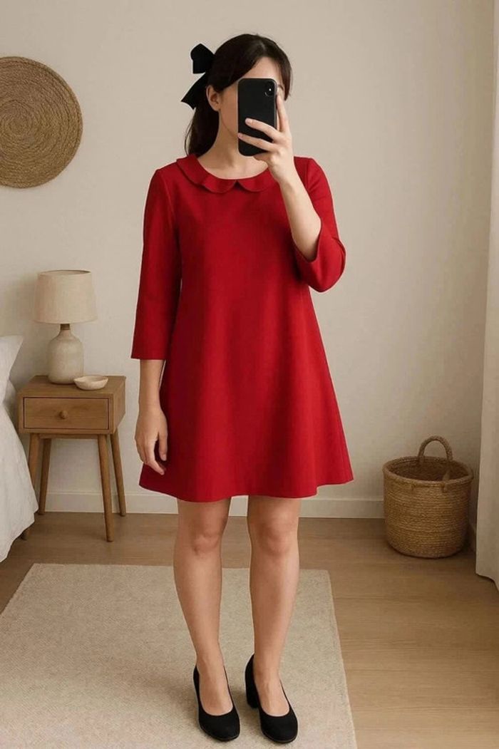 Élégante robe rouge volants coupe évasée L’atelier de Camille Taille S