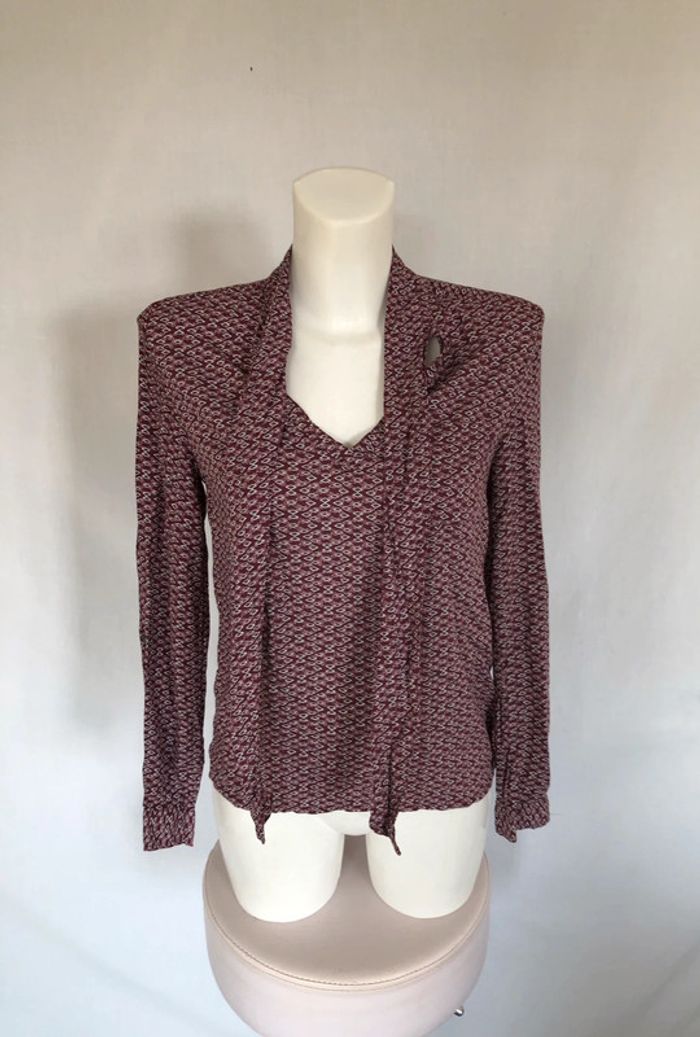 Blouse graphique violine à lavallière Bonobo XS / 34 36 comme neuve - photo numéro 2
