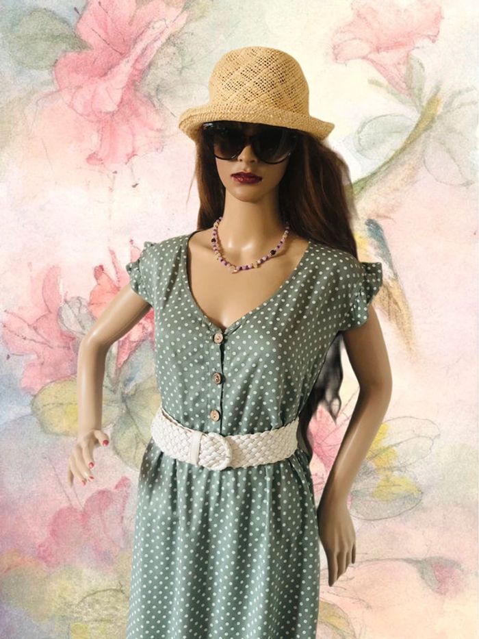 🩶Robe à pois vintage 90s bohème champêtre gris tilleul🌿Linden gray white polka dots dress🩶