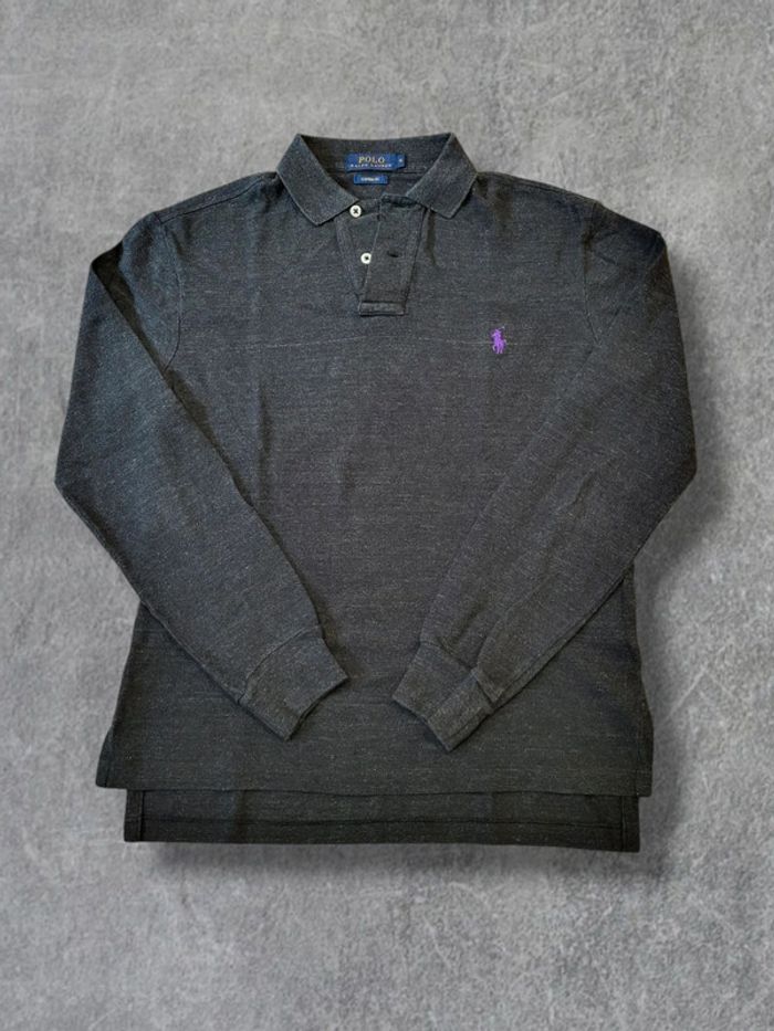 Polo Ralph Lauren manches longues long sleeve gris chiné logo brodé violet 100% coton - S - photo numéro 2