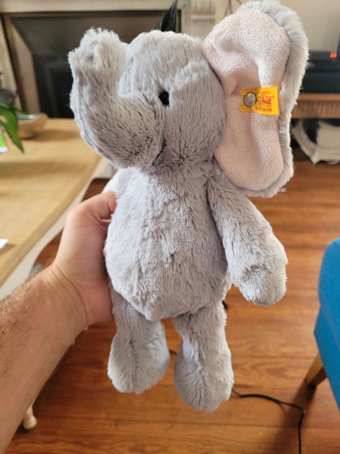 Peluche Éléphant Steiff 30cm gris rose doudou collection étiquette jaune très doux - photo numéro 2