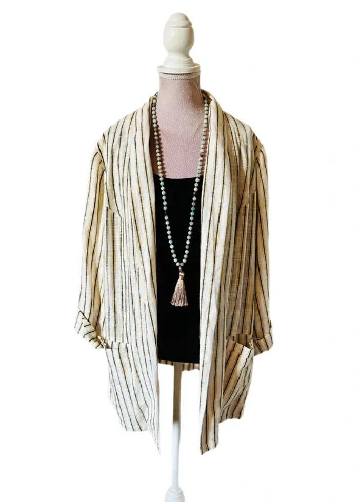 🍃Veste en lin neuve T.42 à rayures fines Grain de Malice casual chic linen striped open blazer🍃 - photo numéro 2