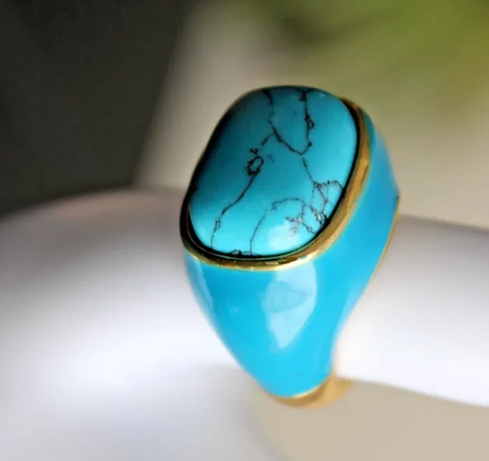 grosse bague cabochon en acier inoxydable doré et turquoise - photo numéro 5