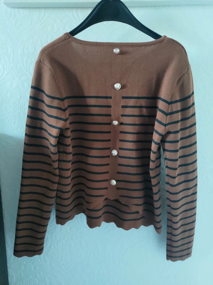 Pull rayé marron avec bouton dans le dos - photo numéro 2