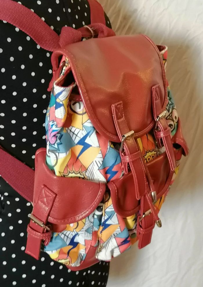Sac à dos cuir écologique rouge multicolore manga Oxigen - photo numéro 4