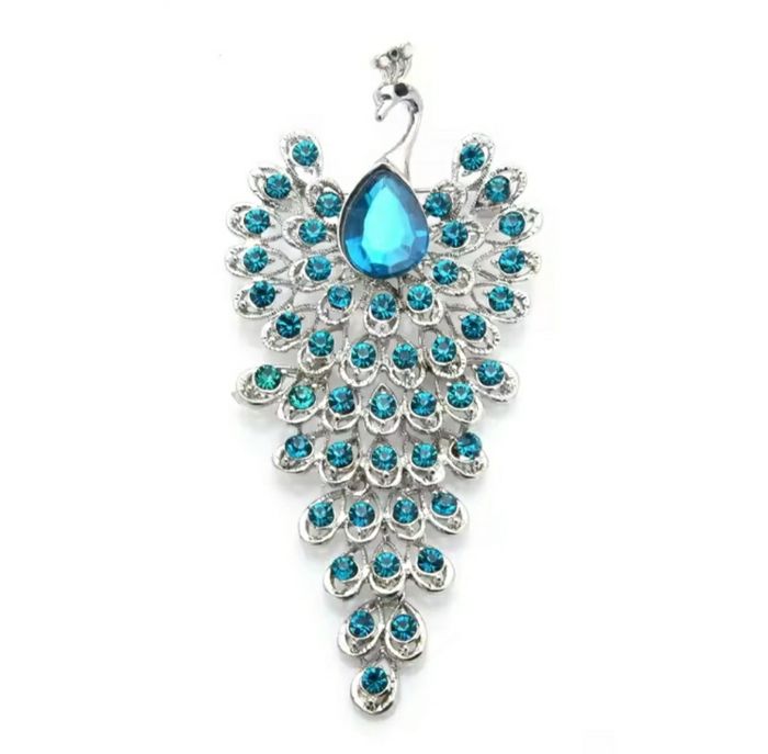 Broche "Paon" bleue et argentée