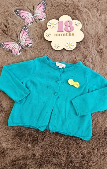 Gilet bleu turquoise nœud jaune 18 mois fille