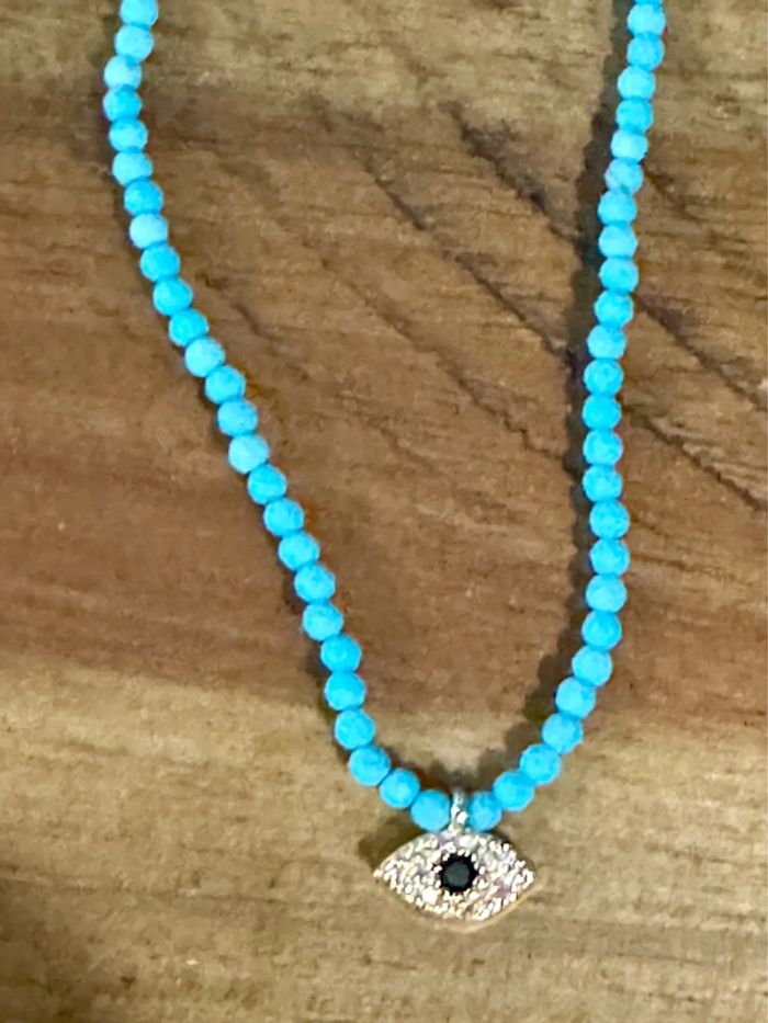 Collier perles naturelles turquoise chaîne réglable œil cristaux habaha Paris - photo numéro 2