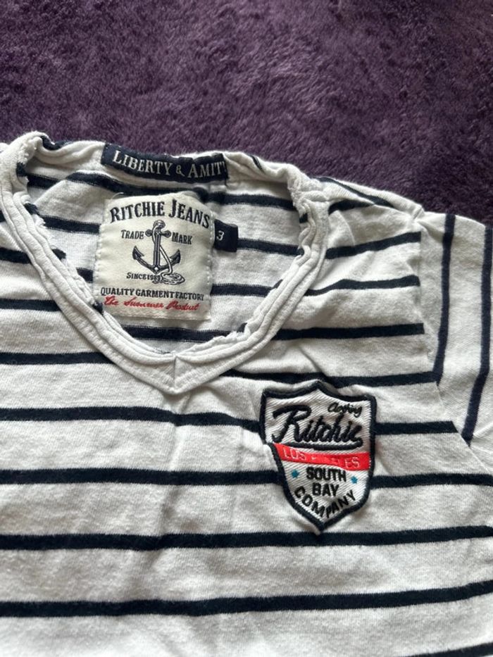 T-shirt manches courtes garcon en coton Ritchie Jeans rayé marine et blanc taille 3ans. - photo numéro 2