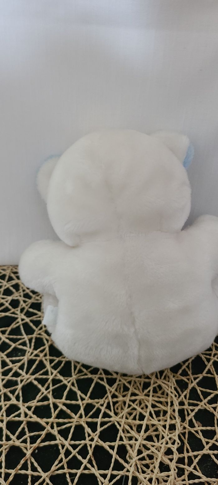 Peluche ours BOULGOM bleu blanc vintage nez rose 30 cm - photo numéro 2