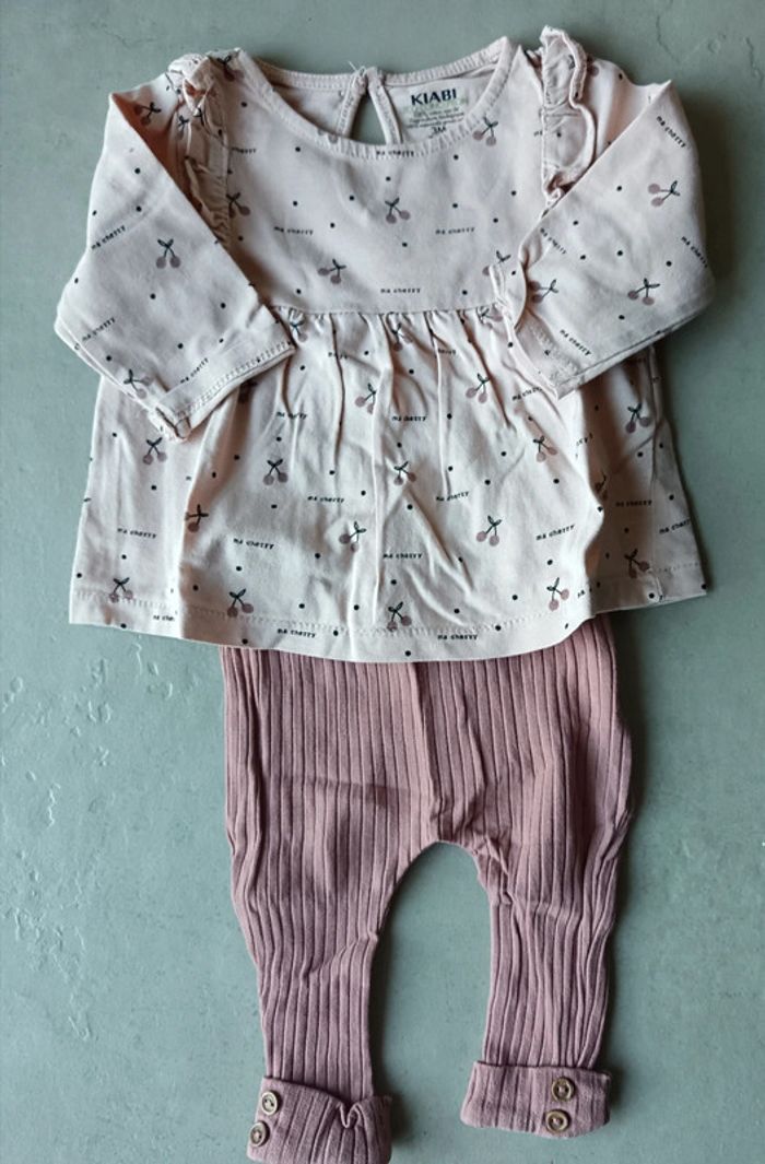 Ensemble printemps été bébé fille 3 mois kiabi legging rose tee shirt manches longues cerises