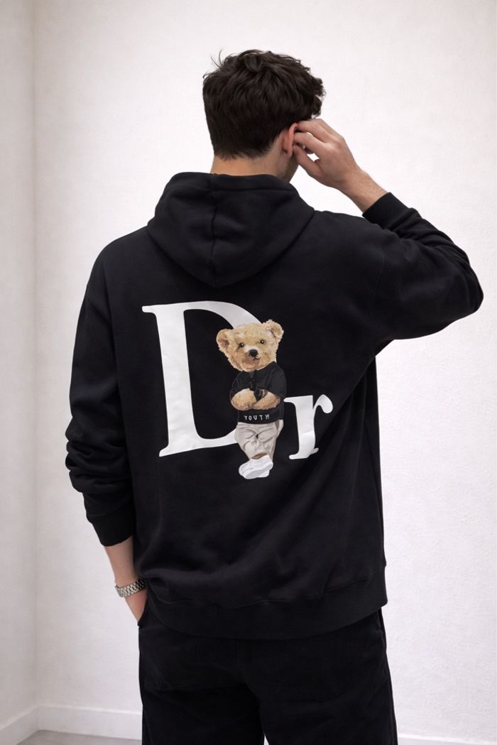 Sweat à capuche noir teddy Dr bear logo oversize streetwear taille L - photo numéro 2