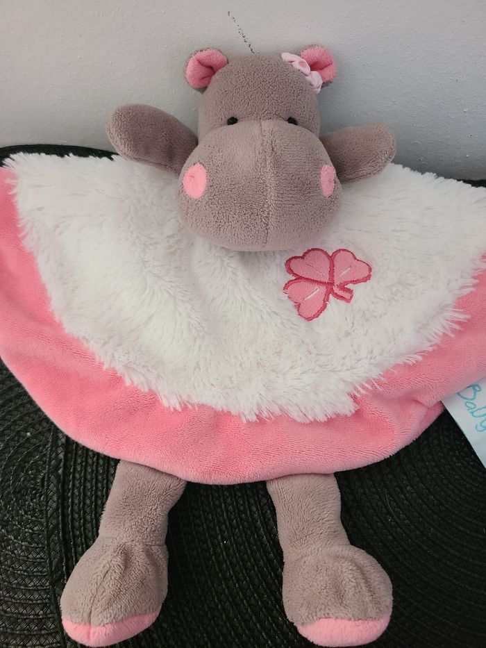 Doudou plat Hippopotame Zoé marron blanc rose BABY NAT - photo numéro 3