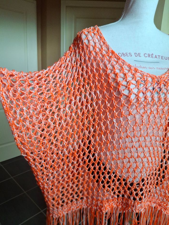 Pull tunique maille ajourée filet orange neuf - photo numéro 2
