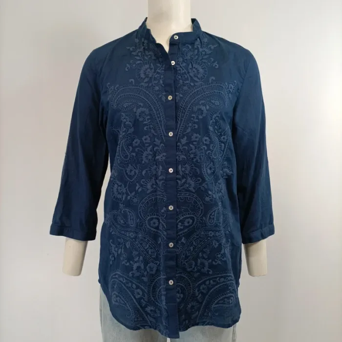 Chemise col Mao - broderie fleurs - 100% coton - Bleu marine - Massimo Dutti ; 34 A293