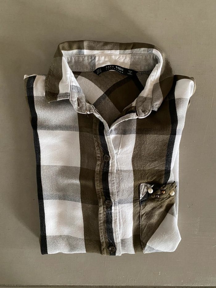 Chemise Zara blanche et kaki à gros carreaux manches longues taille S - photo numéro 20
