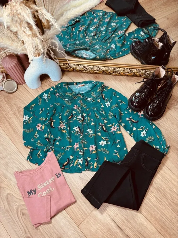 Taille 4 ans tenue 3 pièces fille TAO Tissaia vert rose noir * fleurs * 🌸