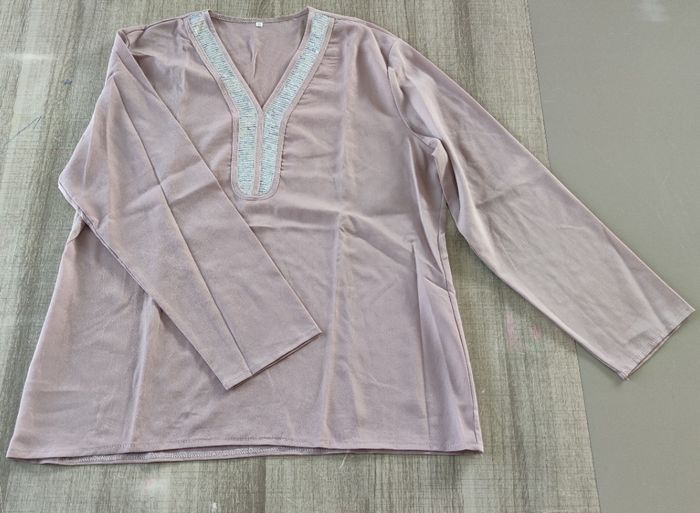 💜 Blouse ample Mauve Poudré - Encolure V Paillettes Argentées - T.XXL - photo numéro 4